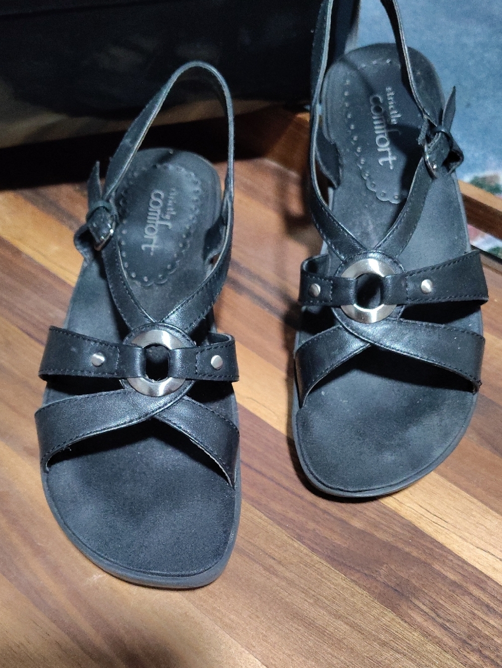 Strictlycomfort plus Predictions Black Slingback Sandals with Silver Ring Accent